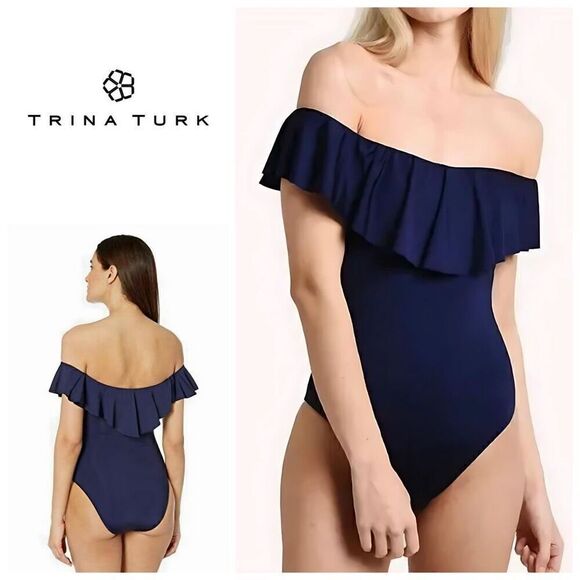 New. Trina Turk navy off shoulder ruffle top. Size 8. Retails $148